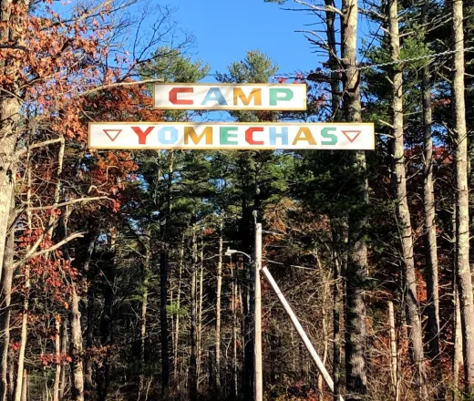 Roadway leading to Camp Yomechas with trees covering both sides of the road with a hanging sign - &quot;Camp Yomechas&quot;