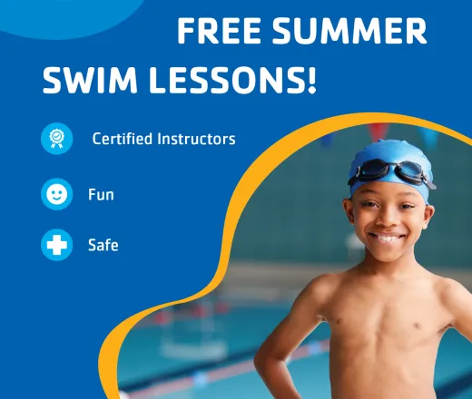 Boy with swim cap and goggle smiling - Free summer swim lessons
